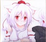  1girl animal_ears blush breasts detached_sleeves hat inubashiri_momiji kittona looking_at_viewer red_eyes short_hair solo tail tokin_hat touhou traditional_media white_hair wolf_ears wolf_tail 