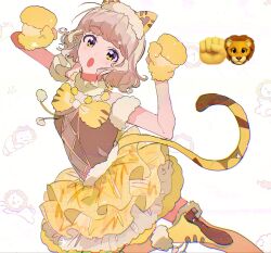  1girl :o animal_ears animal_hands boots bow brown_hair brown_shirt cat_ears commentary_request emoji fake_animal_ears fur_collar gloves hands_up highres layered_skirt lion looking_at_viewer lrprr open_mouth paw_gloves pretty_series pripara shirt short_hair skirt solo taiyo_pepper yellow_boots yellow_bow yellow_gloves yellow_skirt 
