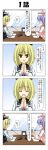  2girls 4koma anger_vein blonde_hair blue_hair closed_eyes comic crescent hat highres lunasa_prismriver merlin_prismriver microphone multiple_girls purple_hair rappa_(rappaya) siblings sisters tears touhou translation_request yellow_eyes 