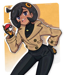  1girl black_bodysuit black_gloves black_hair bodysuit bodysuit_under_clothes brown_jacket cowboy_shot cropped_jacket dark-skinned_female dark_skin emma_(pokemon) emmavania gloves hair_ornament hand_on_own_hip highres holding holding_poke_ball jacket leaning_forward mega_stone open_mouth orange_background outline poke_ball pokemon pokemon_legends:_z-a short_hair smile two-sided_gloves violet_eyes white_outline 
