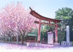  cherry_blossoms fence flower highres isou_nagi no_humans original petals pole scenery sign torii tree 