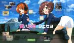  absurdres akiyama_yukari ass boots brown_eyes brown_hair girls_und_panzer hand_on_headphones headphones highres looking_at_viewer military military_vehicle nishizumi_miho official_art open_mouth orange_eyes orange_hair short_hair skirt smile sugimoto_isao tank uniform vehicle 