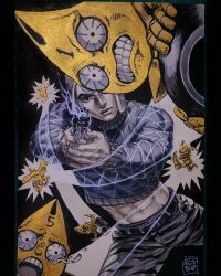  1boy 2024 6+others abs aiming aiming_at_viewer animal_print argyle_clothes argyle_hat argyle_sweater belt belt_buckle buckle clenched_teeth crop_top cropped_sweater crying english_commentary firing guido_mista gun handgun highres holding holding_gun holding_weapon jojo_no_kimyou_na_bouken long_sleeves looking_at_viewer male_focus marker_(medium) maya_panda midriff motion_lines multiple_others navel open_mouth pants photo_(medium) revolver sex_pistols_(stand) signature solo stand_(jojo) sweater teeth traditional_media turtleneck turtleneck_sweater vento_aureo weapon zebra_print 