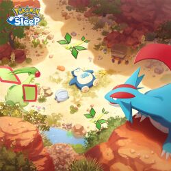  bagon claws closed_eyes closed_mouth commentary_request copyright_name crustle day dwebble fangs fangs_out flower flygon lying no_humans official_art on_back outdoors pikachu pokemon pokemon_(creature) pokemon_focus pokemon_sleep pond salamence shadow smile snorlax trapinch vibrava water 