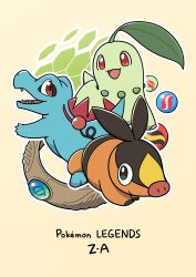  absurdres animal_focus chikorita closed_mouth fangs hatoro_kuroyoshi highres leaf mega_ring mega_stone no_humans open_mouth pig pokemon pokemon_(creature) pokemon_focus pokemon_legends:_z-a red_eyes sharp_teeth smile starter_pokemon_trio tail teeth tepig totodile 