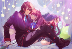  1boy 1girl a-chan_(little_busters!) animal_ear_fluff animal_ears black_jacket black_socks blazer blue_bow blue_bowtie blue_eyes blue_necktie blush bow bowtie brown_hair cat_ears cat_girl cat_tail collared_shirt commentary_request curtains embarrassed flirting from_side frown full_body grey_shirt hair_spread_out hand_in_another&#039;s_hair hetero highres holding_another&#039;s_hair indoors jacket kemonomimi_mode kneehighs knees_up little_busters! little_busters!_school_uniform long_hair long_sleeves looking_at_another looking_down miiizuno_lbs miniskirt natsume_kyousuke necktie no_shoes on_bed open_mouth parted_lips plaid_clothes plaid_skirt red_eyes school_uniform shirt short_hair sitting skirt socks star_(symbol) sweatdrop tail tail_raised very_long_hair wariza white_shirt 