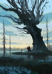  1other ambiguous_gender bare_tree clouds commentary denis_istomin english_commentary flower full_moon horseback_riding lake moon original outdoors reflection reflective_water riding scenery sky sunrise tombstone tree white_flower wide_shot 