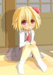  1girl blonde_hair bloomers blush hair_ribbon hecchi_(blanch) looking_at_viewer open_mouth red_eyes ribbon rumia short_hair sitting solo touhou underwear 