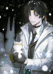  1boy absurdres asaba_harumasa asymmetrical_gloves black_gloves black_hair black_necktie blush character_snowman coat earrings gloves grin hashtag-only_commentary headband highres holding_snowman jewelry looking_at_viewer male_focus mismatched_gloves necktie night night_sky nongxy_nonshi outdoors pendant_choker shirt short_hair sky smile snow_on_clothes snow_on_head snowing snowman solo white_coat white_shirt yellow_eyes yellow_gloves yellow_headband zenless_zone_zero 