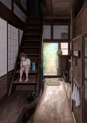  1girl absurdres architecture barefoot bottle brown_eyes brown_hair commentary corded_phone denim denim_shorts doorway east_asian_architecture ghost guutarou1 hat highres indoors looking_at_viewer mat open_door original phone rural scenery shirt short_hair shorts shouji sitting sitting_on_stairs sliding_doors solo_focus stairs summer t-shirt unworn_hat unworn_headwear water_bottle white_shirt wooden_floor 