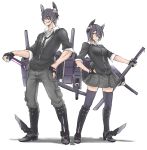  1boy 1girl 8page absurdres boots dual_persona eyepatch fingerless_gloves genderswap gloves grin hand_on_hip headgear highres kantai_collection machinery necktie personification purple_hair short_hair sketch smile sword tenryuu_(kantai_collection) thighhighs turret weapon yellow_eyes 