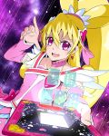  1girl :d aida_mana arm_warmers asymmetrical_clothes blonde_hair card choker cure_heart detached_sleeves dokidoki!_precure dress earrings half_updo heart jewelry long_hair open_mouth pink_dress pink_eyes playing_card ponytail precure ribbon smile solo tj-type1 