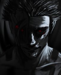  1boy chest_tattoo close-up commentary crain1art english_commentary evil_grin evil_smile extra_eyes facial_tattoo four_eyes greyscale grin highres jujutsu_kaisen monochrome red_eyes ryoumen_sukuna_(jujutsu_kaisen) ryoumen_sukuna_(true_form)_(jujutsu_kaisen) short_hair shoulder_tattoo smile solo spiky_hair tattoo teeth topless_male 