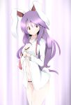  1girl animal_ears blush bra bunny_tail bwell head_tilt highres looking_at_viewer loose_necktie necktie open_clothes open_shirt purple_hair rabbit_ears red_eyes reisen_udongein_inaba solo tail touhou underwear undressing 