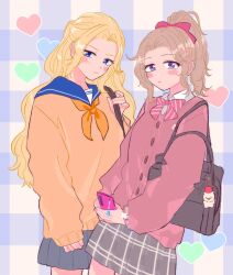  2girls alternate_costume bag blonde_hair blue_eyes blue_sailor_collar blush bow bowtie bracelet breasts brown_hair cardigan celes_chere collared_shirt dissidia_duellum_final_fantasy dissidia_final_fantasy final_fantasy final_fantasy_vi grey_skirt hair_bow half_updo highres holding holding_phone jewelry kahok medium_breasts moogle multiple_girls neckerchief official_alternate_costume orange_neckerchief orange_shirt parted_bangs phone pink_bow pink_bowtie pink_cardigan plaid_background plaid_clothes plaid_skirt pleated_skirt ponytail sailor_collar school_uniform shirt shoulder_bag skirt striped_bow striped_bowtie striped_clothes terra_branford violet_eyes white_shirt 