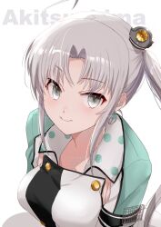  1girl ahoge akitsushima_(kancolle) armpit_cutout breasts character_name closed_mouth clothing_cutout from_above green_shirt grey_eyes grey_hair hat kantai_collection kimura_shiki long_hair looking_at_viewer medium_breasts mini_hat one-hour_drawing_challenge shirt side_ponytail sidelocks simple_background smile solo upper_body watermark white_background 