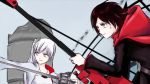  2girls black_eyes blue_eyes cape dress long_hair lyy multiple_girls ponytail rapier redhead ruby_rose rwby scar scythe short_hair sweatdrop sword weapon weiss_schnee white_hair 