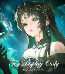  1girl aqua_eyes black_choker black_dress black_gloves black_hair blue_sky chinese_commentary choker circlet colored_inner_hair commentary_request commission dress earrings expressionless eyelashes eyeshadow flower gem gloves gold_circlet green_eyeshadow green_gemstone green_hair infinity_nikki jewelry lace-trimmed_dress lace_trim light_particles lily_(flower) lipstick long_hair looking_at_object makeup mole mole_under_eye multicolored_hair night night_sky nikki_(series) object_floating_above_hand off-shoulder_dress off_shoulder orb outdoors parted_lips red_lips sample_watermark single_sidelock sky slit_pupils solo teeth tide_of_tears_(infinity_nikki) two-tone_hair upper_body very_long_hair watermark white_flower youyutiao 