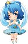  1girl berry_jou blue_eyes blue_hair breasts chibi cleavage dress hair_ornament hair_rings hair_stick kaku_seiga multiple_girls ofuda shawl short_hair smile solo touhou vest wink 