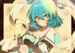  1girl blue_dress blue_eyes blue_hair blurry blurry_background blush breasts depth_of_field dress flower hair_ornament hair_rings hair_stick hat highres kaku_seiga looking_at_viewer puffy_sleeves rinka_(qqqrinkappp) shawl short_hair short_sleeves smile solo touhou vest 