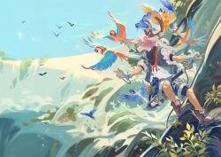  1boy animal_ear_fluff animal_ears ankle_boots antlers b.i.a bike_shorts bike_shorts_under_shorts bird black_scarf black_shorts blue-and-yellow_macaw blue_bird blue_eyes blue_sky boots brown_boots brown_vest cliff climbing commentary compass day deer_antlers deer_boy deer_ears drawstring fingerless_gloves full_body furry furry_male gloves green_shorts harness hat highres holding holding_compass holding_rope horns hyacinth_macaw lace-up_boots leather leather_boots looking_to_the_side macaw male_focus nature open_clothes open_vest original outdoors outstretched_arms parrot parted_lips pink_hair plant red-and-green_macaw red_bird rock rock_climbing rope safety_belt scarf scarlet_macaw shirt short_hair short_sleeves shorts simple_bird sky smile solo spread_arms symbol-only_commentary tassel thigh_harness unworn_headwear vest water waterfall white_gloves white_hat white_shirt wide_shot yellow_bird 