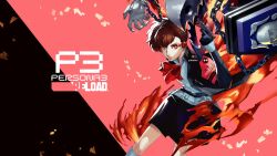  1girl armband artist_name black_gloves black_jacket black_skirt bow brown_hair commentary copyright_logo digital_media_player digital_walkman earphones english_commentary evoker feet_out_of_frame finger_on_trigger fire flaming_eye gloves gun hair_ornament hairclip hand_up highres holding holding_gun holding_weapon holster jacket logo official_style open_clothes open_jacket parted_lips persona persona_(summon) persona_3 persona_3_portable persona_3_reload pink_background red_armband red_bow red_eyes s.e.e.s shimada_azusa_(style) shiomi_kotone shirt short_hair skirt thanatos_(persona) two-tone_background walkman_nw-s203f weapon white_shirt yuhaino 