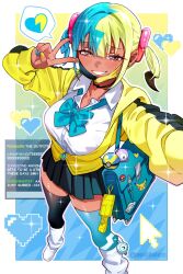 1girl asymmetrical_legwear bag black_skirt black_thighhighs blonde_hair blue_bow blue_bowtie blue_hair blue_mask blue_nails blue_thighhighs blush border bow bowtie breasts canari_(pokemon) commentary cursor dark-skinned_female dark_skin dress_shirt english_text foot_out_of_frame grin hair_ornament heart highres jacket large_breasts looking_at_viewer loose_bowtie loose_socks magnemite mask mask_pull mismatched_legwear mouth_mask multicolored_hair multicolored_nails outside_border partially_unzipped pikachu pixel_heart pixelated pleated_skirt poke_ball pokemon pokemon_legends:_z-a quick_ball sachichuu school_bag school_uniform shirt shoes short_twintails skirt smile socks solo split-color_hair spoken_heart thigh-highs twintails twitter_username two-tone_hair two-tone_mask tynamo v very_long_sleeves violet_eyes white_border white_shirt white_shoes white_socks yellow_jacket yellow_mask yellow_nails