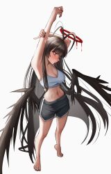  1girl absurdly_long_hair absurdres ahoge angel armpit_focus armpits barefoot black_hair black_nails black_wings blood blood_halo blue_archive blush dark_halo dripping feathered_wings full_body halo highres liquid_halo long_hair melting_halo no_dickey over_shoulder presenting_armpit red_eyes red_halo shorts simple_background sports_bra stretching taeman tsurugi_(blue_archive) very_long_hair white_background white_sports_bra wings 