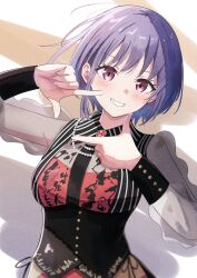  1girl absurdres amoris_(bang_dream!) azakura_(beniyomogi) bang_dream! bang_dream!_it&#039;s_mygo!!!!! black_corset blush breasts clenched_teeth collar commentary corset gem highres jewelry large_breasts long_sleeves looking_at_viewer pink_eyes purple_hair see-through_clothes see-through_sleeves short_hair solo teeth upper_body yuutenji_nyamu 