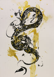  creature creature_focus dragon eastern_dragon full_body highres ikeda_ruriko no_humans original paint_splatter painting_(medium) spot_color traditional_media white_background 