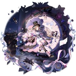  1girl animal_ears anmi arknights ascot black_ascot black_corset black_gloves black_hat black_thighhighs black_umbrella blue_bow boots bow bowtie braid braided_hair_rings brown_bag brown_hair city_lights cityscape clock clock_tower clockwork closed_mouth coat corset dress eyjafjalla_(arknights) eyjafjalla_(fluffy_little_witch)_(arknights) floating floating_stairs frilled_coat frilled_dress frilled_umbrella frills full_body fur-trimmed_boots fur_trim gloves goggles goggles_on_headwear hair_bow hair_ornament hair_rings hairclip hat high_heel_boots high_heels highres holding holding_hands holding_umbrella hoof_shoes horns letter long_hair looking_at_viewer my_sweet_piano night official_alternate_costume official_art on_stairs onegai_my_melody open_clothes open_coat outdoors pink_boots pink_bow pink_coat pink_eyes puffy_shorts purple_bow roman_numeral sanrio sheep sheep_ears sheep_girl sheep_horns shorts smile steampunk thigh-highs third-party_source top_hat tower transparent_background turtleneck turtleneck_dress umbrella white_dress 