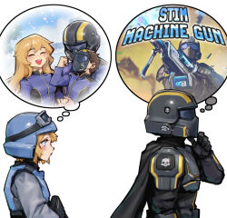  1boy 1girl 1other armor black_cape black_helmet blonde_hair blue_helmet blush brown_hair cape closed_eyes closed_mouth combat_helmet commentary english_text family firing gun helldiver_(helldivers) helldivers_(series) helmet highres holding holding_gun holding_hands holding_weapon imagining long_hair machine_gun mask open_mouth phantom_ix_row plate_armor seaf_soldier_(helldivers) short_hair simple_background speech_bubble symbol-only_commentary thought_bubble upper_body weapon white_background 
