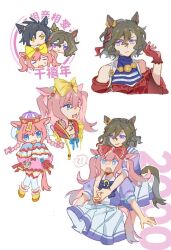 !? 3girls agnes_digital_(lovely_jiangshi)_(umamusume) agnes_digital_(super_express!_full_color_special)_(umamusume) agnes_digital_(umamusume) air_shakur_(umamusume) animal_ears bare_shoulders black_hair blue_eyes blush bow brown_hair closed_mouth detached_sleeves dress gloves hair_bow hat heichicc47 horse_ears horse_girl horse_tail jewelry long_hair looking_at_viewer multiple_girls multiple_views necklace open_mouth pink_dress pink_eyes pink_hair purple_shirt qingdai_guanmao red_gloves school_uniform shirt short_hair skirt smile spoken_interrobang surprised tail tap_dance_city_(glitter!)_(umamusume) tap_dance_city_(umamusume) tracen_school_uniform two_side_up umamusume white_skirt 