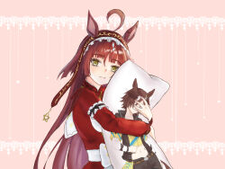  1272718735 1girl absurdres ahoge animal_ears blunt_bangs blunt_ends boots brown_hair character_pillow dakimakura_(object) dress green_eyes hairband highres horse_ears horse_girl hugging_object long_hair long_sleeves pillow pillow_hug red_desire_(umamusume) red_dress red_hairband solo umamusume very_long_hair vodka_(umamusume) vodka_(wild_top_gear)_(umamusume) white_boots 