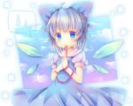  1girl blue_dress blue_eyes blue_hair blush bow cirno dress hair_bow ice ice_wings looking_at_viewer mouth_hold pjrmhm_coa puffy_sleeves ribbon_in_mouth shirt short_sleeves solo touhou wings 