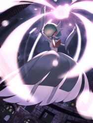  arms_up bob_cut clarashiina colored_skin dress elbow_gloves energy_ball gardevoir gloves green_hair highres mega_gardevoir mega_pokemon open_mouth pokemon pokemon_(creature) red_eyes strapless strapless_dress white_dress white_gloves white_skin 