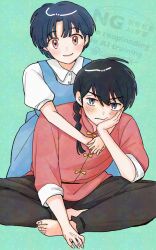  1boy 1girl arms_around_neck barefoot black_pants blue_dress blue_eyes blue_hair brown_eyes chinese_clothes commentary con_sonne dress green_background grumpy hand_on_own_face highres looking_at_viewer pale_skin pants puffy_short_sleeves puffy_sleeves ranma_1/2 saotome_ranma school_uniform short_sleeves sitting tendou_akane v-shaped_eyebrows watermark 