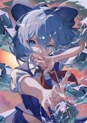  1girl blue_dress blue_eyes blue_hair bow cirno cirno_day covering_own_mouth detached_wings dress fairy fairy_wings hair_bow hand_over_own_mouth highres ice ice_wings kawaso1002 looking_at_viewer pinafore_dress puffy_short_sleeves puffy_sleeves ribbon shirt short_hair short_sleeves sleeveless sleeveless_dress smile solo touhou wings 