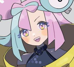  1girl :d blush bow-shaped_hair character_hair_ornament criss-cross_halter eneko_(olavcnkrpucl16a) grey_shirt hair_ornament halterneck happy highres iono_(pokemon) jacket open_mouth pink_eyes pink_hair pokemon pokemon_sv shirt simple_background sleeveless sleeveless_shirt smile solo teeth tongue upper_body upper_teeth_only wavy_eyes white_background yellow_jacket 