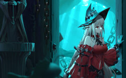 1girl absurdres air_bubble angelfish aqua_gloves aqua_hat arknights ascot bare_shoulders black_ascot black_ribbon breasts bubble chain clothing_cutout detached_collar detached_sleeves doorway dress fish gloves grayson hair_between_eyes hair_ribbon hat highres infection_monitor_(arknights) light_rays long_hair long_sleeves medium_breasts navel navel_cutout ocean off-shoulder_dress off_shoulder official_alternate_costume parted_lips red_dress red_eyes red_ribbon red_sleeves ribbon shadow skadi_(arknights) skadi_the_corrupting_heart_(arknights) solo standing statue submerged tropical_fish underwater upper_body very_long_hair water white_hair 