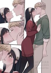  1boy 1girl black_hair blonde_hair blush botchinako couple dress highres kiss red_sweater spy_x_family sweater twilight_(spy_x_family) two-sided_dress two-sided_fabric watermark yor_briar 