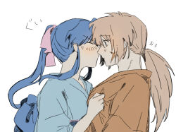  1boy 1girl blue_hair blue_kimono blush closed_eyes commentary_request couple cross_scar from_side hair_ribbon hetero high_ponytail highres himura_kenshin imminent_kiss japanese_clothes kamiya_kaoru kimono long_hair looking_at_another low_ponytail nasubi_(user_agpx4547) orange_hair pink_ribbon ponytail profile red_kimono ribbon rurouni_kenshin sash scar scar_on_cheek scar_on_face sidelocks simple_background translation_request white_background 
