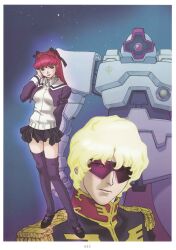  1boy 1girl absurdres blonde_hair char's_deleted_affair char_aznable epaulettes glowing gundam hair_ribbon haman_karn highres kitazume_hiroyuki mecha mobile_suit nebula neo_zeon official_art ribbon robot scan schnee_weiss_(mobile_suit) school_uniform science_fiction space star_(sky) sunglasses thigh-highs traditional_media 