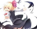  1girl blonde_hair bow hair_bow long_sleeves looking_at_viewer looking_back open_mouth outstretched_arms raven_(animal) red_eyes rumia shirt simple_background skirt skirt_set smile solo touhou turning vest wakame_mi white_background 