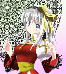  1girl 2000s_(style) arch_bishop_(ragnarok_online) blue_eyes blush bow breasts closed_mouth commentary_request cross dress hair_bow hands_up juliet_sleeves long_hair long_sleeves looking_at_viewer medium_breasts nou_kitsune patterned_background pink_background puffy_sleeves ragnarok_online red_dress sash sidelocks smile solo two-tone_dress upper_body white_dress yellow_bow yellow_sash 