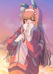  1girl absurdres animal_ears aqua_eyes commentary_request ear_covers emyo evening highres horse_ears horse_girl jacket long_hair looking_at_viewer orange_hair outdoors pants red_jacket red_pants school_uniform silence_suzuka_(umamusume) solo tracen_school_uniform umamusume 