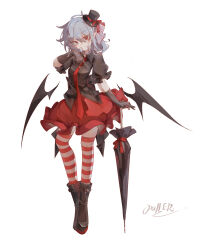  1girl absurdres alternate_costume alternate_headwear bat_wings black_boots black_gloves black_hat black_shirt black_umbrella blue_hair boots closed_mouth closed_umbrella clothing_cutout elbow_gloves frilled_skirt frills full_body gloves hat highres holding holding_umbrella looking_at_viewer mini_hat mini_top_hat necktie red_eyes red_necktie red_skirt remilia_scarlet remilia_scarlet_(grand_opening_hostess) shirt short_hair simple_background skirt smile solo striped_clothes striped_thighhighs thigh-highs top_hat touhou touhou_lostword transparent_background umbrella white_background wings wumingshi79670 