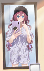  1girl a-chan_(little_busters!) absurdres alternate_costume alternate_hairstyle baseball_cap black_hat blue_eyes blurry blush bow casual cellphone closed_mouth commentary_request cowboy_shot depth_of_field eyelashes female_pov fingernails floral_print full-length_mirror grey_pajamas hair_between_eyes hair_bow hands_up hat highres holding holding_phone lips little_busters! long_hair looking_at_mirror looking_at_viewer low_twintails miiizuno_lbs mirror mirror_selfie pajamas phone pov purple_bow purple_hair reflection selfie short_sleeves shy smartphone smile solo standing twintails v very_long_hair wavy_hair 