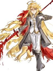  1girl ahoge akmisss00 black_boots black_coat blonde_hair boots clenched_teeth coat commentary don_quixote_(project_moon) dripping english_commentary feather_boa feet_out_of_frame gloves gold_trim hair_flowing_over highres holding holding_polearm holding_weapon knee_boots limbus_company long_hair looking_at_viewer official_alternate_costume parted_lips polearm project_moon red_eyes sancho_(project_moon) solo spear teeth very_long_hair vest walking weapon white_gloves white_vest 