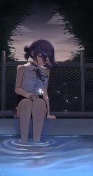  1girl absurdres black_ribbon chain-link_fence chainsaw_man dusk fence flower green_eyes grenade_pin grey_shirt hair_between_eyes hair_bun highres holding holding_flower khan_0204 neck_ribbon outdoors pool poolside purple_hair reze_(chainsaw_man) ribbon shirt sleeveless sleeveless_shirt soaking_feet solo white_flower 